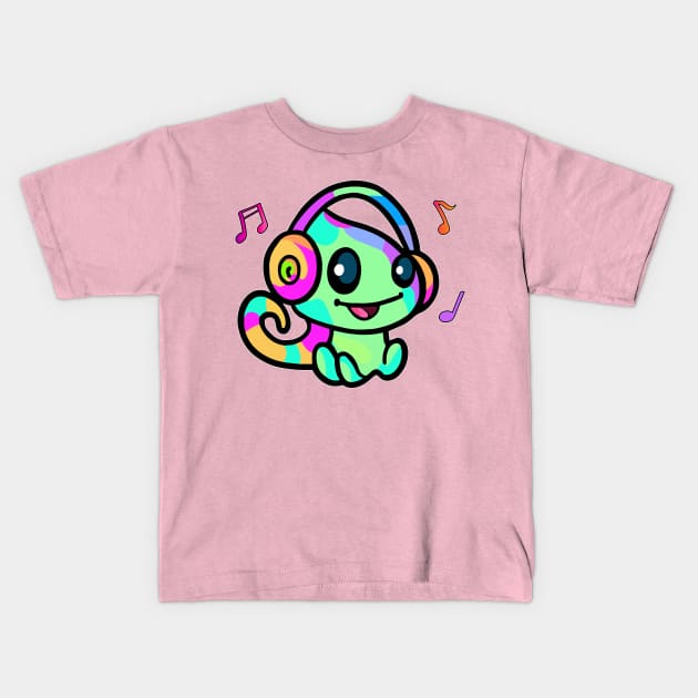 Happy smiling baby chameleon with headphones. Kawaii cartoon Kids T-Shirt by SPJE Illustration Photography